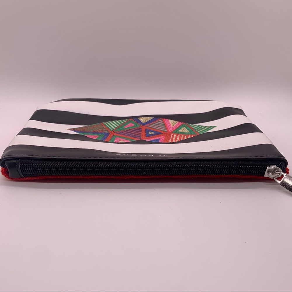 Sephora Make Up Zippered Pouch Black and White Stripes and Colorful Lips Print. - Picture 3 of 6